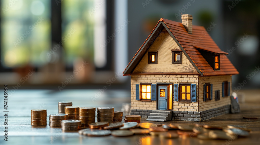 Stack of coins and a model house representing that investment and real estate transactions. Stack of coins and a model house representing that investment and real estate transactions.