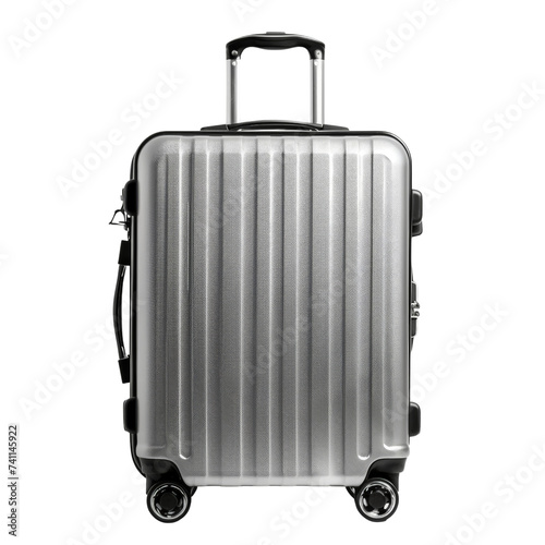 Travel gray suitcase, luggage isolated on transparent background, cut out, png