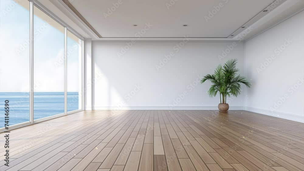 sea view living room with wooden floor and empty wall. seamless looping overlay 4k virtual video animation background 