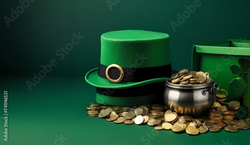 Generative AI  St. Patrick's Day LSt. Patrick's Day. Green hat, gold coins and gold bars on a black background.eprechaun hat with gold coins Top hat on a pile of gold coins against a dark background,
 photo