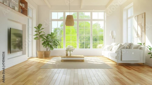 modern oncept living room with big window and sunlight. modern bright interior. seamless looping overlay 4k virtual video animation background  photo