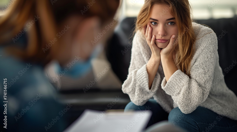 caucasian woman in group therapy, vulnerable, expressing sadness and depression