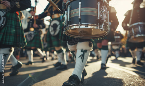 Scottish Drummers in Traditional Kilts Performing on St. Patrick's Day