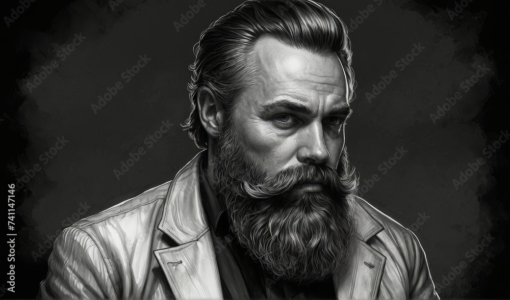 drawing neotraditional Bearded gent, illustration, black and white, illustration
