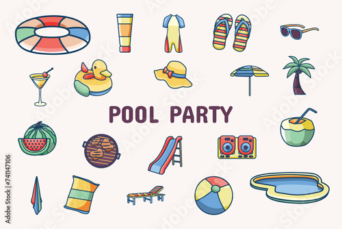 Pool Party Lineal Color Vector Illustration Icon Sticker Set Design Materials