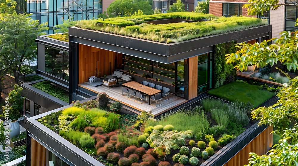 Contemporary urban garden office with green roofs and outdoor meeting spaces, large, scale workplace design