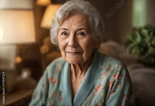 Indoor head shot portrait of serious positive old women