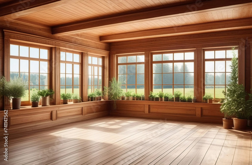 large airy space decorated with natural timber walls, floor and ceiling. big windows with natural view, fresh plants, lots of empty space, no people