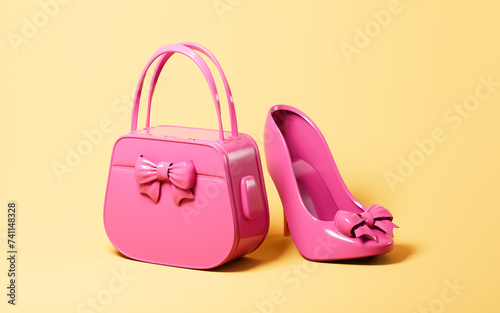 Women's handbag and high-heeled shoes, female product, 3d rendering.