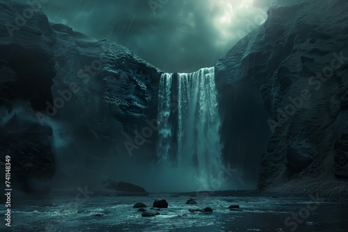 Majestic Waterfall Under a Dramatic Stormy Sky  a Mysterious  Beautiful and Powerful Landscape Nature Image in a Painted Style. Generative AI. 