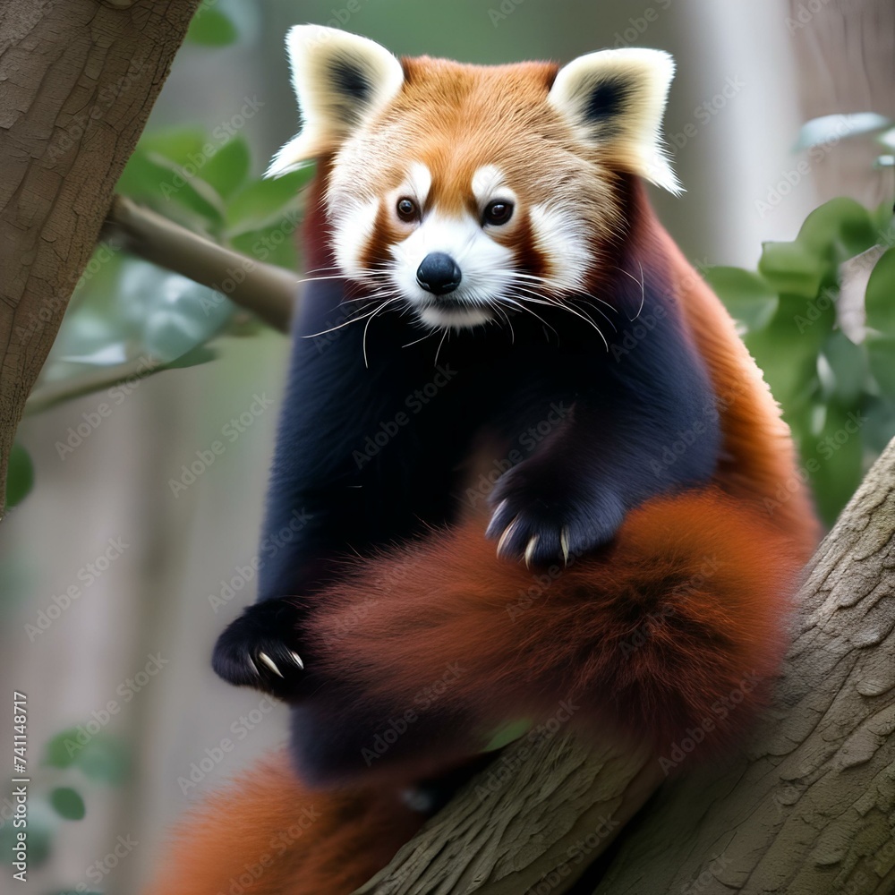 A close-up of a red panda climbing a tree, its fluffy tail trailing behind2 A close-up of a red panda climbing a tree, its fluffy tail trailing behind2