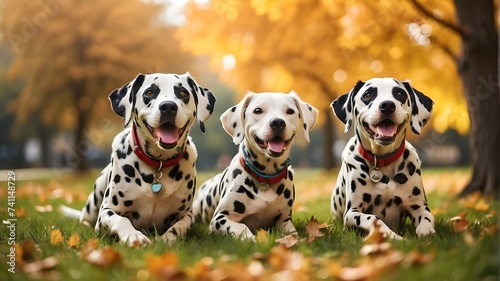 Funny and adorable pack of Dalmatian dogs playing on the lush autumn grass at a park © Qazi Sanawer