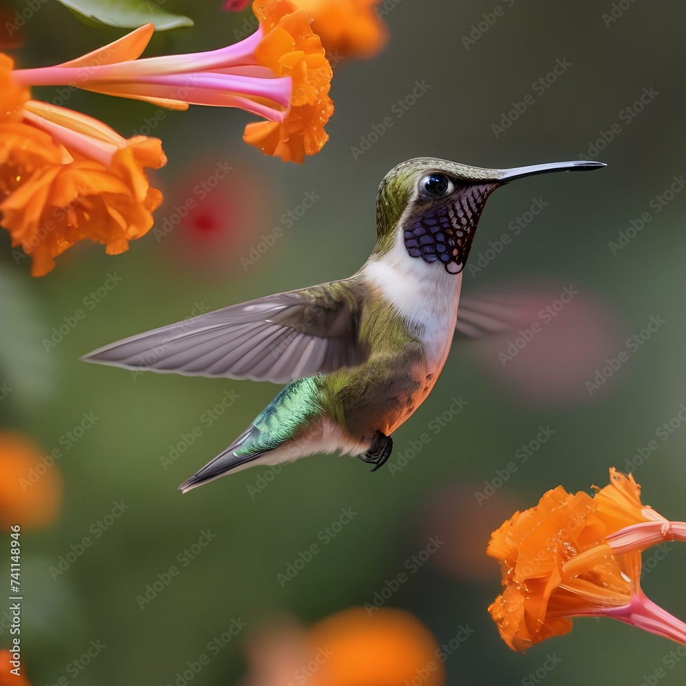 Fototapeta premium A close-up of a hummingbird feeding from a bright orange flower3