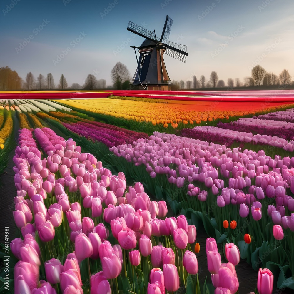 A traditional Dutch windmill standing tall in a field of colorful tulips5