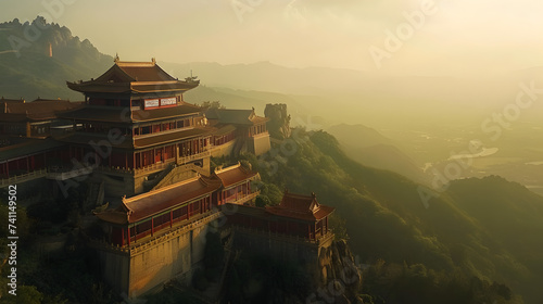 Taoist temple perched on a hilltop with panoramic views of the valley photo