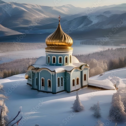 A traditional Russian onion dome church against a backdrop of snow-covered mountains5 photo