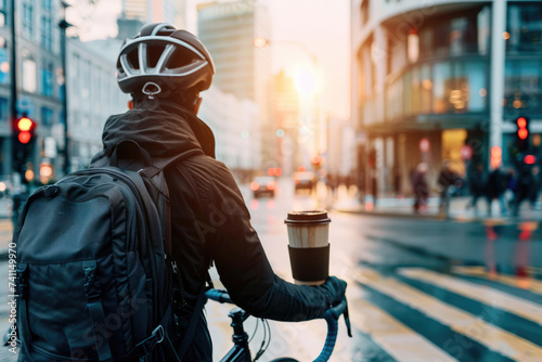 Cyclist with a reusable coffee cup in the city