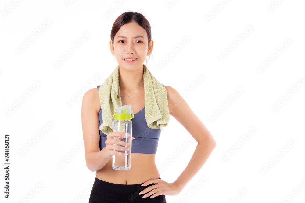 Fit young asian woman taking a break from workout holding a clear water bottle, towel over her shoulders, isolated white background, Active woman resting with water bottle, sport for health. Fit young asian woman taking a break from workout holding a clear water bottle, towel over her shoulders, isolated white background, Active woman resting with water bottle, sport for health.