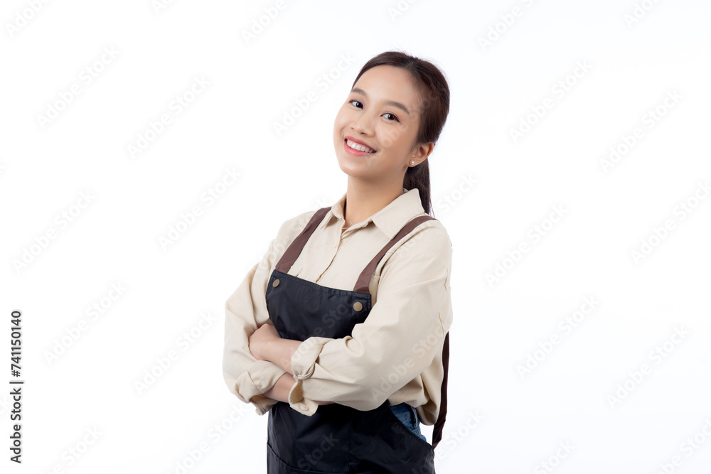 Portrait young asian barista woman wearing apron standing and smile isolated white background, waitress or entrepreneur cheerful, small business or startup, waiter of cafe or coffee shop. Portrait young asian barista woman wearing apron standing and smile isolated white background, waitress or entrepreneur cheerful, small business or startup, waiter of cafe or coffee shop.
