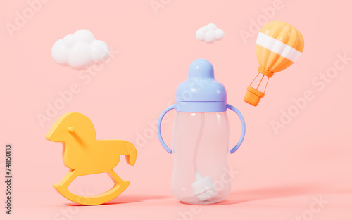 Baby feeding-bottle and hobbyhorse, baby product, 3d rendering.