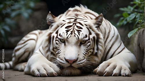 White tiger curled up on its side. staring directly at the camera