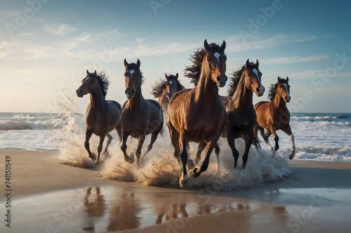 Group of realistic horses running on the beach with sea sand wave and sky background.