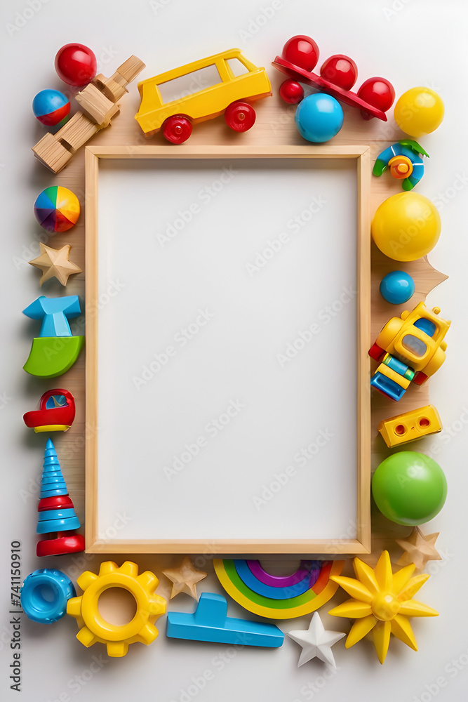 Toys kid border frame, white background, copy space area