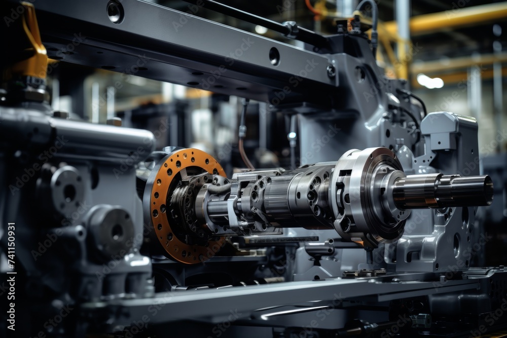 Detailed perspective of an industrial slider in action amidst the hum of a busy factory Detailed perspective of an industrial slider in action amidst the hum of a busy factory