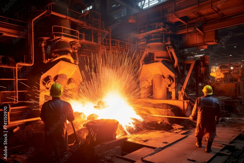 Industrial Scene Featuring an Electric Arc Furnace and Workers in Safety Gear Amidst Heavy Machinery Industrial Scene Featuring an Electric Arc Furnace and Workers in Safety Gear Amidst Heavy Machinery