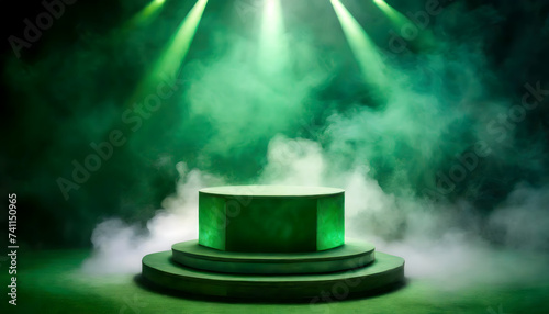 A green podium with smoke, illuminated by spotlights, creating a dramatic ambiance. An empty pedestal ready for an award ceremony or presentation.
