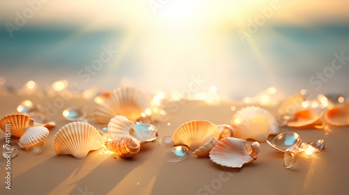 Warm sunset lights up beautiful seashells on the beach