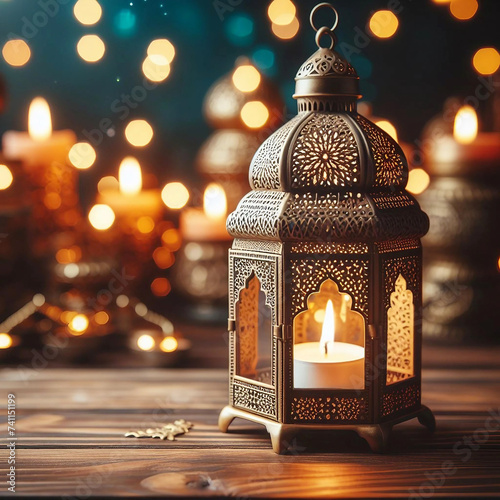 Decorative Arabic lanterns with burning candles Ramadan kareem ornament celebration background Ai generative. © Tarikulsio
