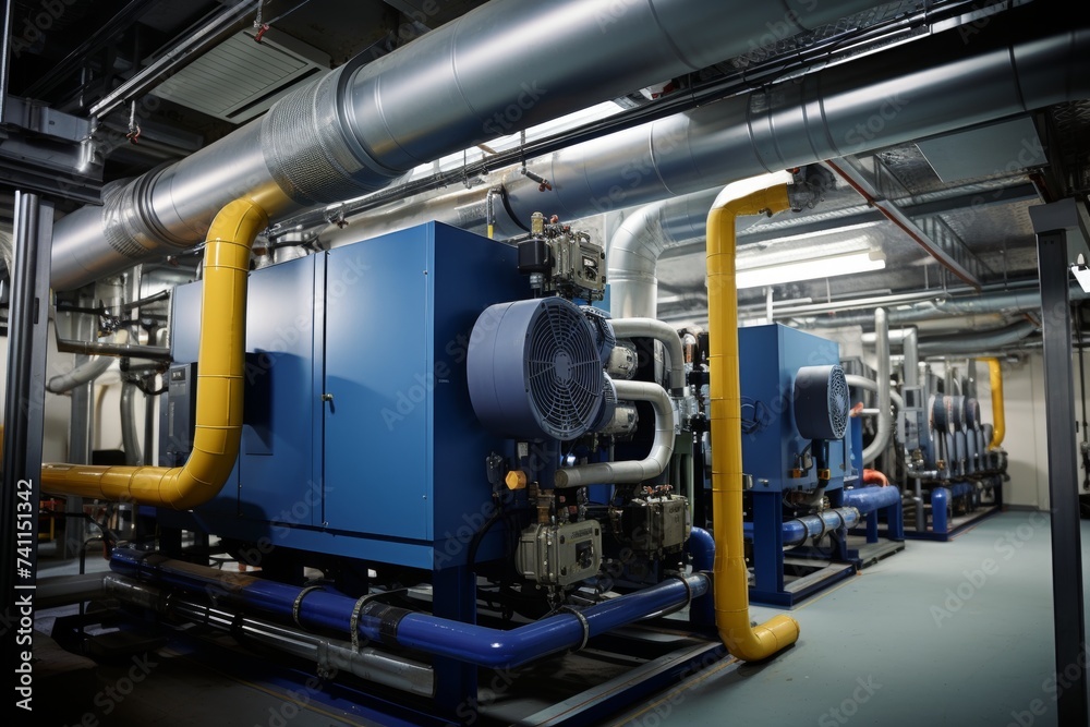 An In-Depth Look at a Fan Coil Unit Amidst the Intricate Machinery and Piping in an Industrial Environment