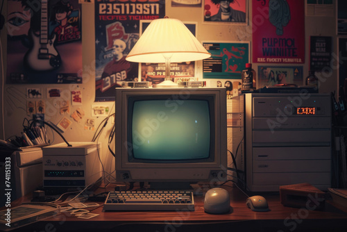 A vintage computer setup with '90s memorabilia photo