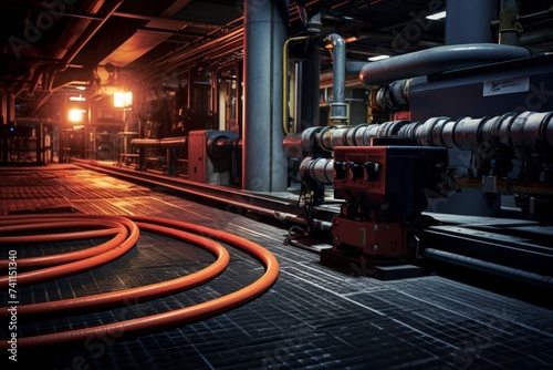 Industrial Landscape Featuring a Ground Rod Amidst a Complex Network of Machines and Electrical Wiring photo