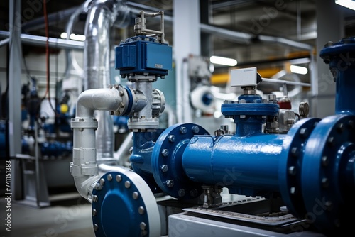 Detailed image of a circulating pump amidst the complex network of pipes in a factory
