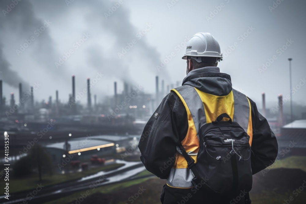 Fototapeta premium An observant safety officer overseeing the operations at a busy industrial plant against a cloudy gray sky