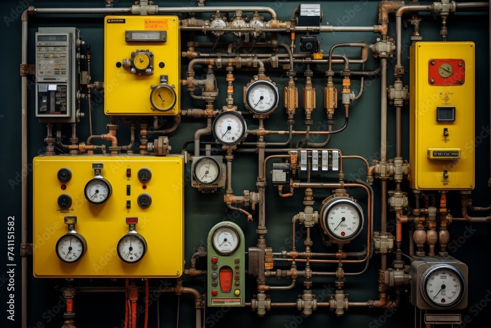 Detailed view of a complex boiler control panel amidst the hum of an active industrial setting