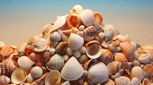 Warm sunset lights up beautiful seashells on the beach