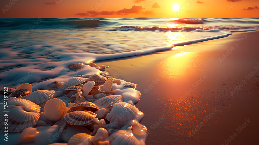 Obraz premium Warm sunset lights up beautiful seashells on the beach