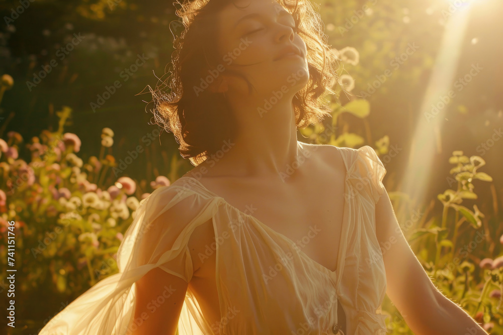 A woman in a flowing dress basking in sunlight