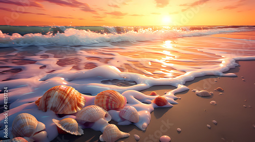 Warm sunset lights up beautiful seashells on the beach