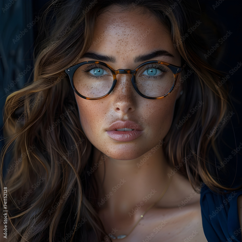 Brunette Woman Posing with Blue Eyeglasses in a Park