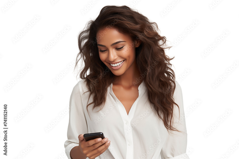 Black Woman in white dress using mobile phone on a transparent background Black Woman in white dress using mobile phone on a transparent background