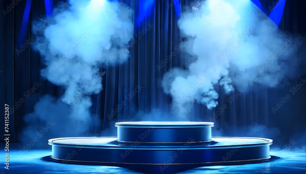 A blue podium with smoke, illuminated by spotlights, creating a dramatic ambiance. An empty pedestal ready for an award ceremony or presentation.