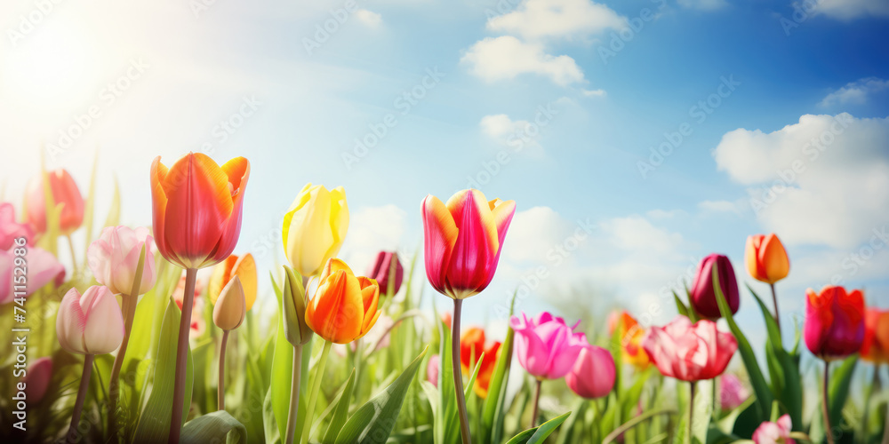 Colorful tulip flowers blooming in the field with blue sky background. Beautiful Floral background for Easter holiday, Women's day, 8 march, Birthday, Mother's day, Wedding