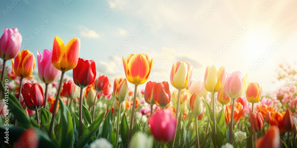 Red, Yellow and Pink tulip flowers blooming in the field with blue sky background. Beautiful Floral background for Easter holiday, Women's day, 8 march, Birthday, Mother's day	