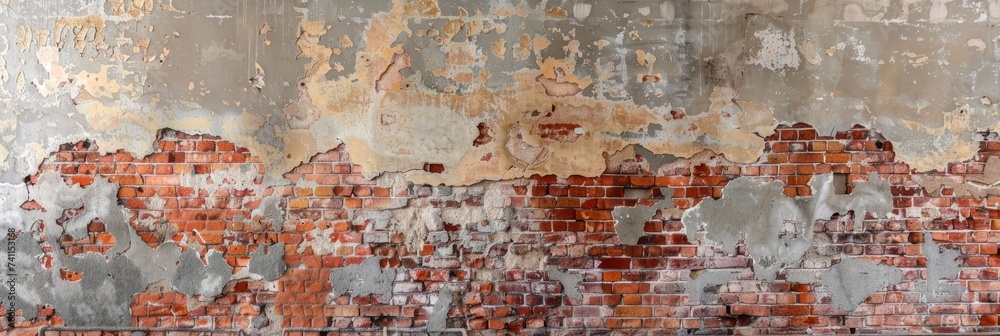 Obraz premium Weathered Brick Wall With Peeling Paint background texture. Generative AI