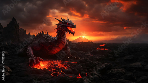 A fierce dragon with shimmering scales breathes a torrent of fire, igniting the molten lava floor beneath its feet