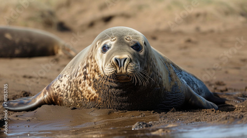 Environmental Tragedy. A Grey Seal at Horsey Beach. Generative Ai © We3 Animal